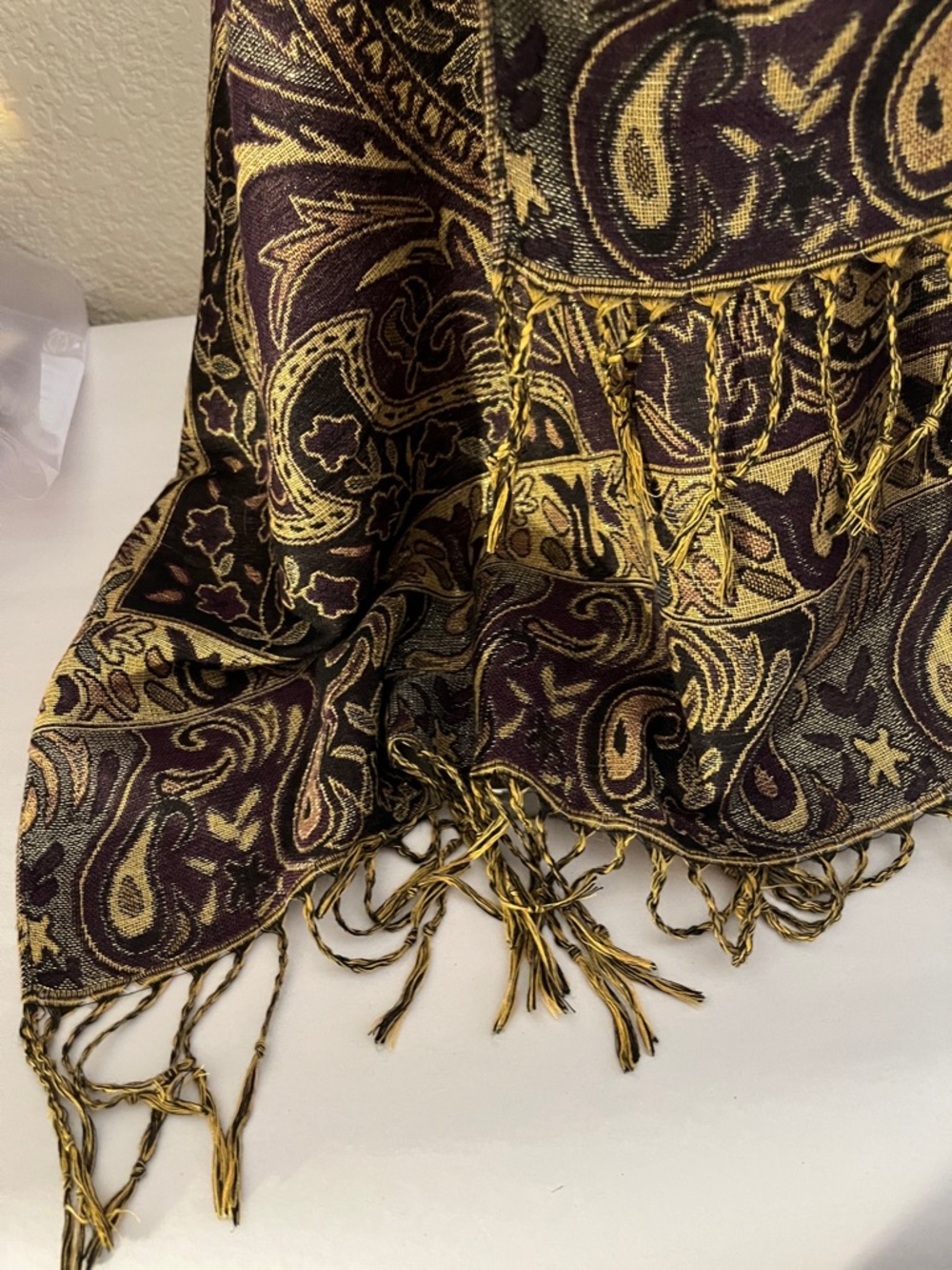 Paisley Jacquard Shawl Scarf in Plum and Gold - Picture 4 of 7